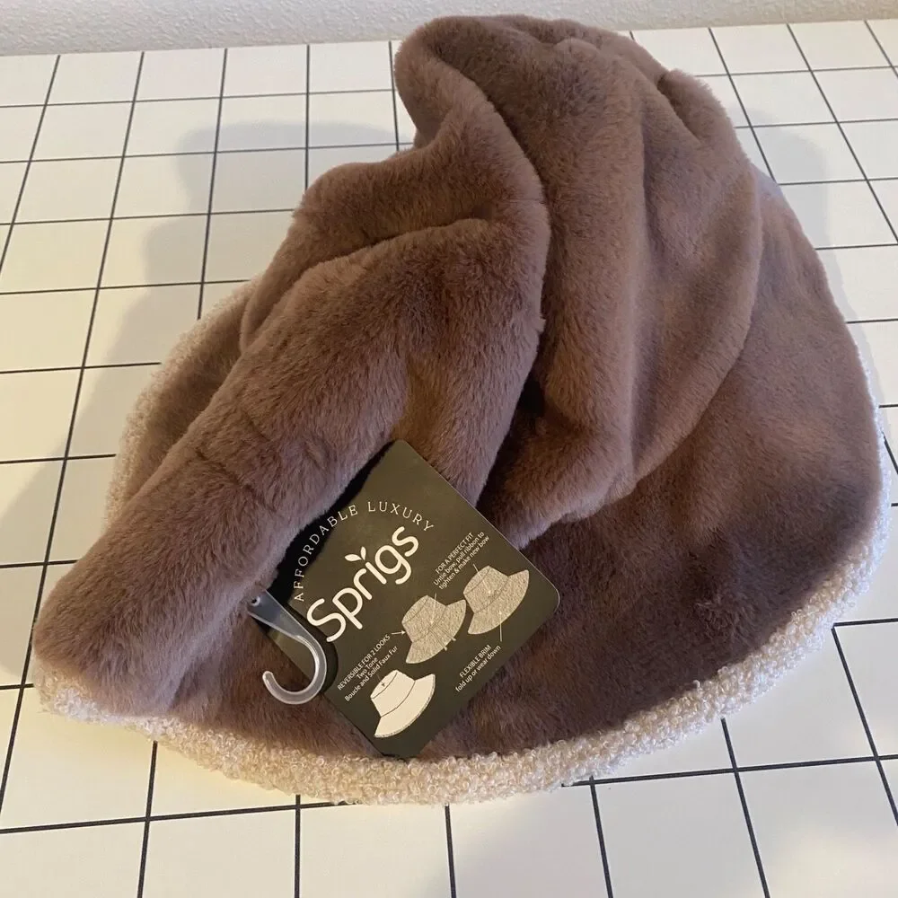 NWT Sprigs Reversible Faux Fur & Sherpa Bucket Hat - Mocha/Cream - Adjustable